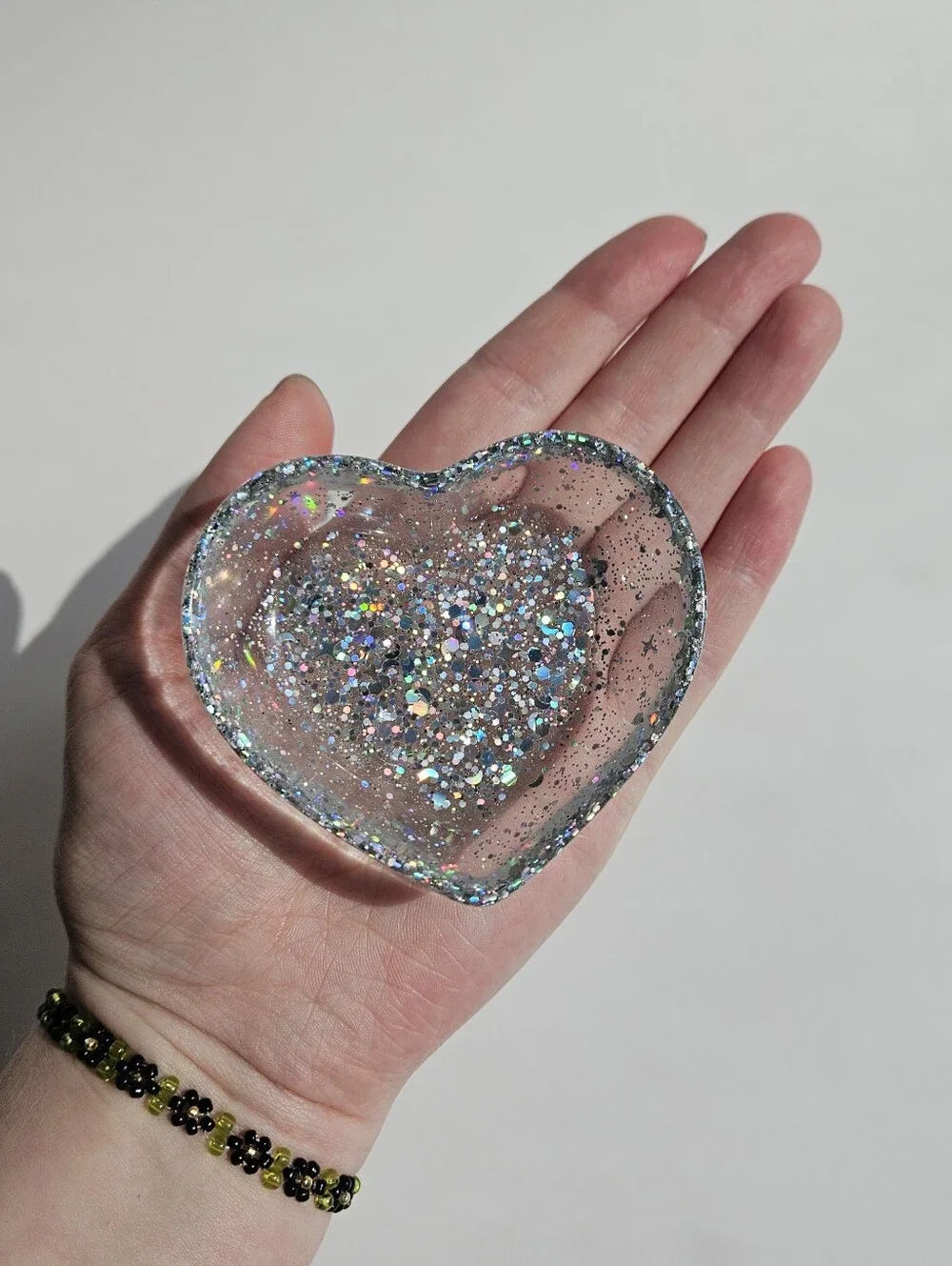 Handmade Holographic Silver Glitter Mini Heart Resin Dish Princess Fairycore Tra
